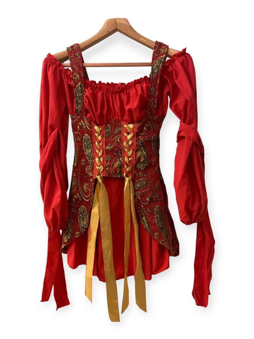Red Renaissance Pirate Lace-Up Dress with Gold Accents
